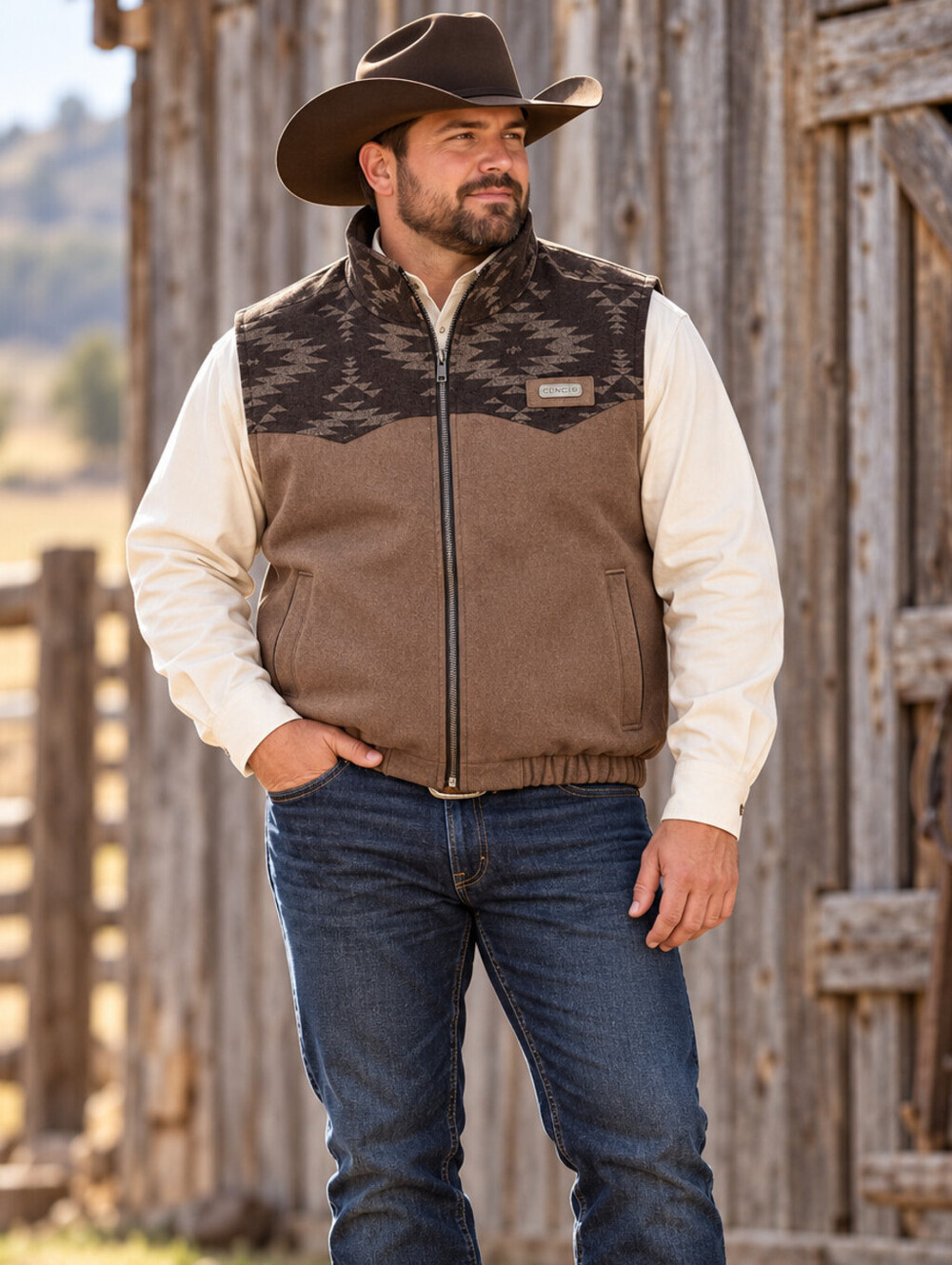 Cinch Men's XXL Brown Wool Blend Concealed Carry Vest Western Aztec Full Zip